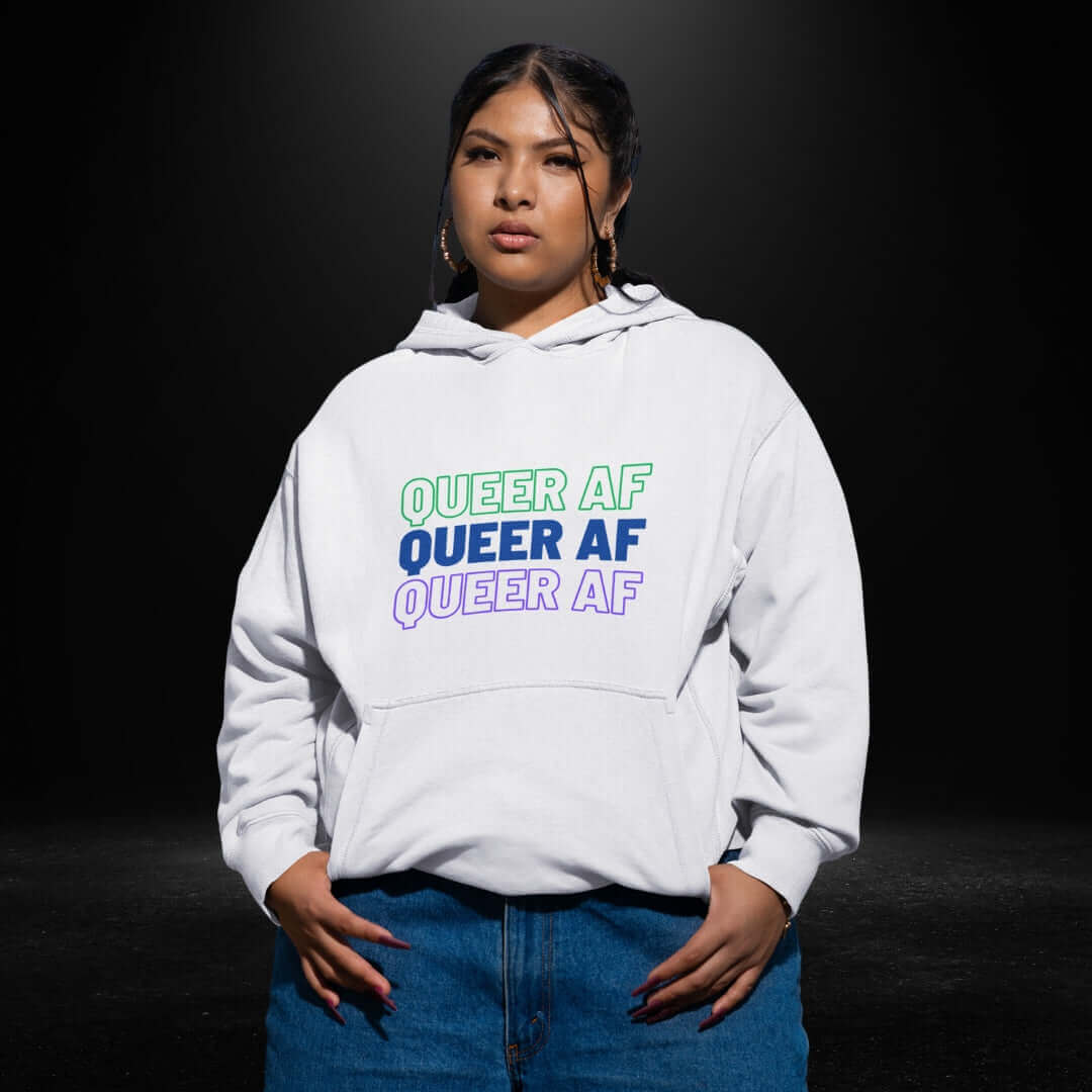 Queer AF White Hoodie - LGBTQIA+ Queer Hoodies 